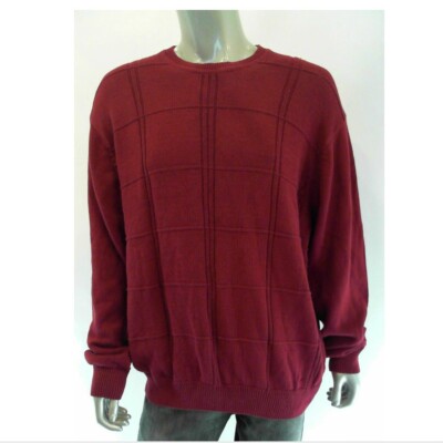 Saddlebred Men Sweater XL Red Striped Plaid Knit Cotton Pullover