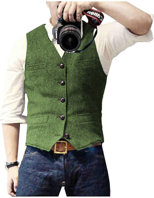 Mens Tweed Suit Vest Retro Herringbone Western Groom Formal Dress Waistcoat Vest