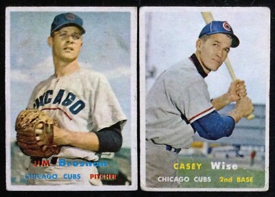 1957 Topps #155 Jim Brosnan, #396 Casey Wise, Chicago Cubs, low grade