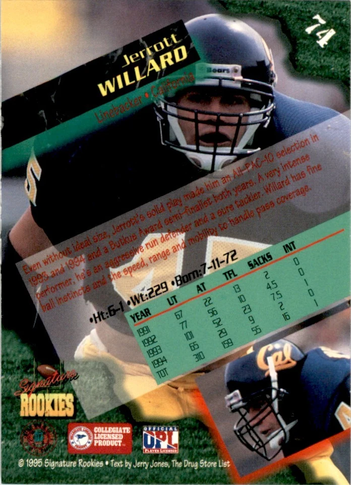 1995 Signature Rookies Jerrott Willard . 1/39000 California Golden Bears #74 - Image 2 of 2
