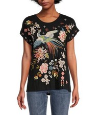 Johnny Was Ceretti Tee Special Black Floral Bird Embroidery Cotton Shirt Top NEW