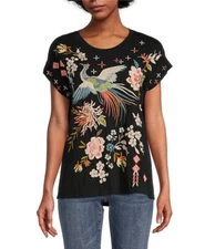 Johnny Was Ceretti Tee Special Black Floral Bird Embroidery Cotton Shirt Top NEW