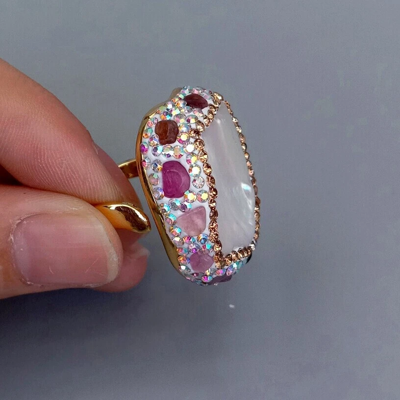 Anillo de Turmalina Perla Keshi Blanca Ajustable Regalo de Boda Accesorio Placa Dorada Foto 3 de 4