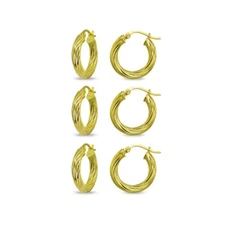 3-Pair 3x15mm Twist Round Click-Top Gold 925 Silver Small Hoop Earrings Set