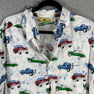 VTG  Paradise Gold Shirt Mens XL White Button Route 66 Cars  Hawaiian Aloha