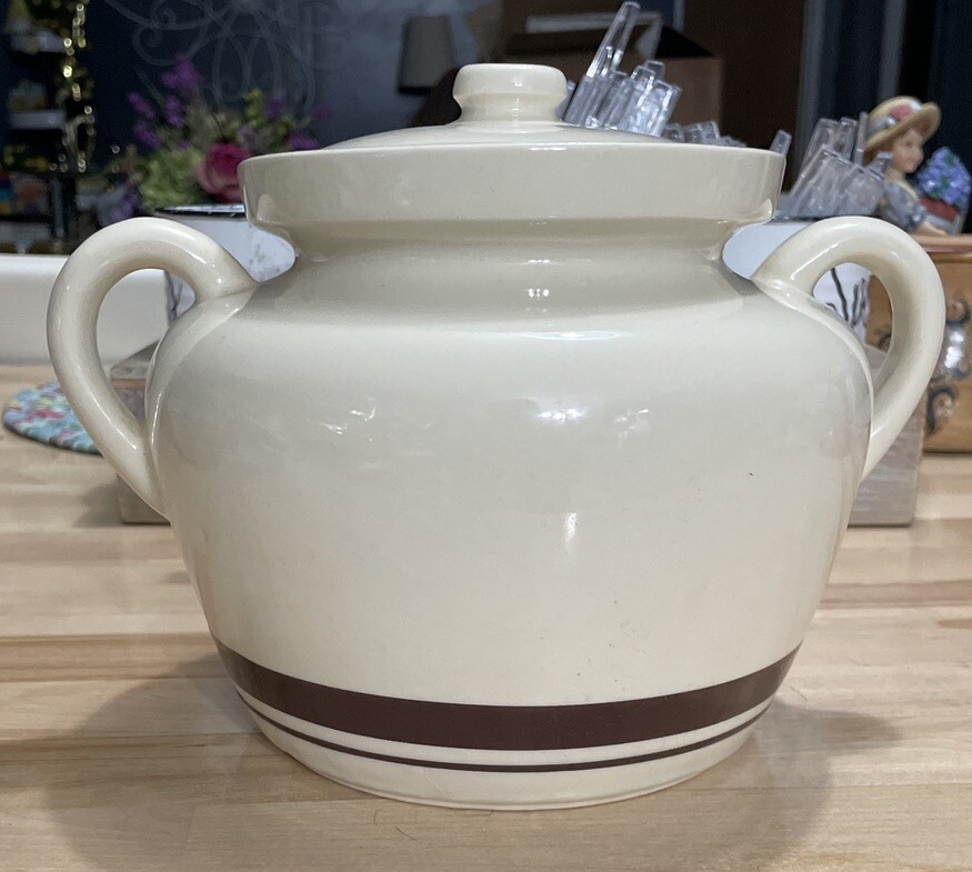Vtg McCoy Bean Pot Cream Brown Oven Safe Pottery Stoneware 2 Quart #1242