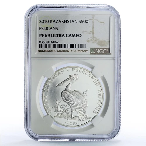 Kazakhstan 500 tenge Pelican Red Book Birds Fauna PF69 NGC silver coin 2010