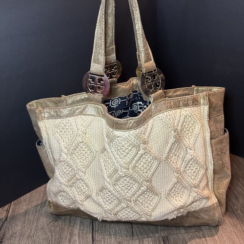 TORY BURCH Tote Bag Cable Knit METALLIC GOLD TRIM Wool Silk Lining Horse READ! - Picture 2 of 17