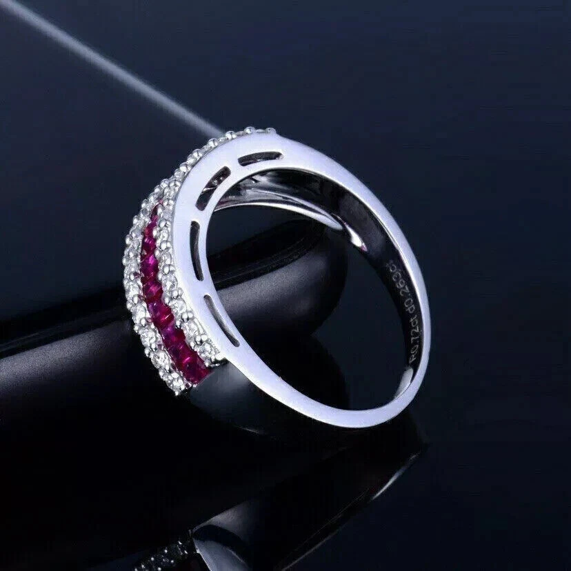 Baguette Pink Sapphire Diamond Eternity Wedding Band Ring 14K White Gold Finish - Image 3 of 4