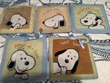 5 Lambs  & Ivy Baby Snoopy Nursery/Child Wall Art w/Hanging Ribbons Embroidered