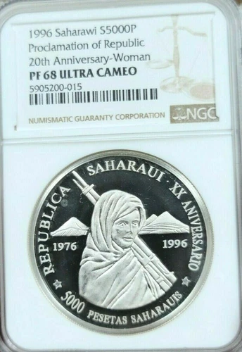 1996 SAHARAWI SILVER 5000 PESETAS REPUBLIC ANNIV NGC PF 68 ULTRA CAMEO TOP POP 1
