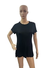 Active USA Women’s Size S Short Sleeve Round Neck Button On Shoulder Black Tee