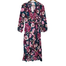 Hand Of The Bee Floral Maxi Dress Size S Pine Plum Long Sleeve Wrap Style NWT