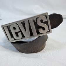Vtg Levi's sz L Silver Tone Belt Buckle Block Spellout Brown Distressed Leather