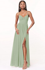 Azazie Zeya Dusty Sage A-Line V-Neck Pleated Chiffon Dress New