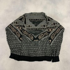 Vintage Abstract Knitted Jumper Patterned Grandad Knit Sweater Men's Xl