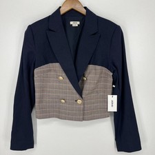 Jason Wu Women Navy Blue Plaid Colorblock Cropped Double Breasted Blazer Size S