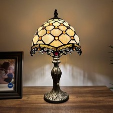 Tiffany Style Mini Table Lamp Gold Stained Glass Crystal Beans LED Bulb 8"W 15"H