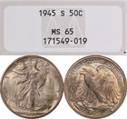 MS65 1945-S 50C Walking Liberty Silver Half Dollar, NGC Fatty, Beautifully Toned