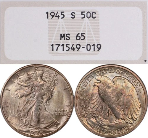 MS65 1945-S 50C Walking Liberty Silver Half Dollar, NGC Fatty, Beautifully Toned