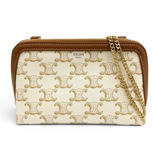 Excellent CELINE Shoulder Bag Logo Chain Clutch Bag off white Triomphe canvas