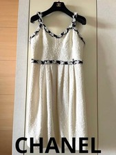 CHANEL Used Tweed Dress One Piece Fringe Women Size M Off White Color Rare JPN