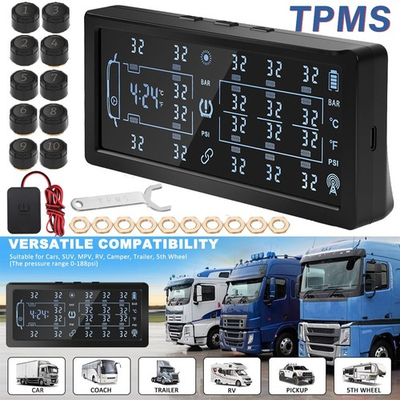 #ad Solar TPMS LCD Tire Pressure Monitor System 10 External Sensors For Car RV Truck $79.99