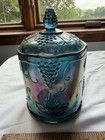 VTG Indiana Glass Harvest Grape Iridescent Blue Carnival Glass Lidded Jar 1970's — photo 2