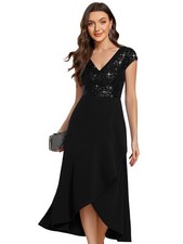 Ever-Pretty Evening Gown V Neck Sequin Black Hi-Lo Tea Length Fitted US16