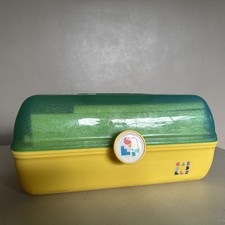 Caboodles Glitter Teal Over Yellow Makeup Box Train Case Slide Trays VTG 90s GUC