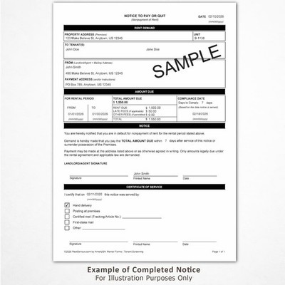 Notice to Pay or Quit   Late or Past Due Rent Eviction Notice Form