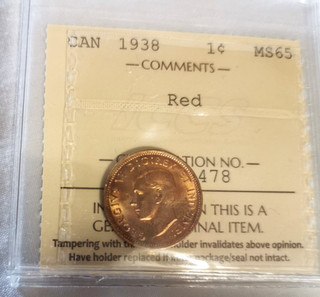 I.C.C.S. 1938 FULL RED GEM MINT STATE 65 CANADAIN SMALL CENT PENNY COIN