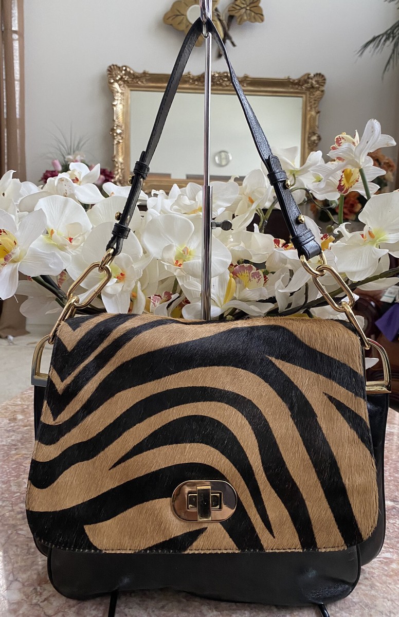 Badgley Mischka Coralie Black Zebra Haircalf Flap Shoulder 