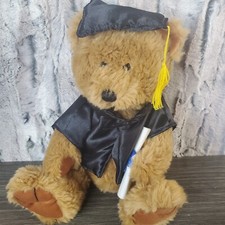 Graduation Brown Teddy Bear Black Cap  Gown, Holding Diploma - 10" Snuggie Toy