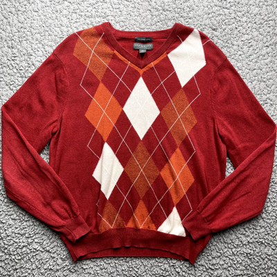 Lyle Scott Argyle Sweater Mens Medium Red V-Neck Combed