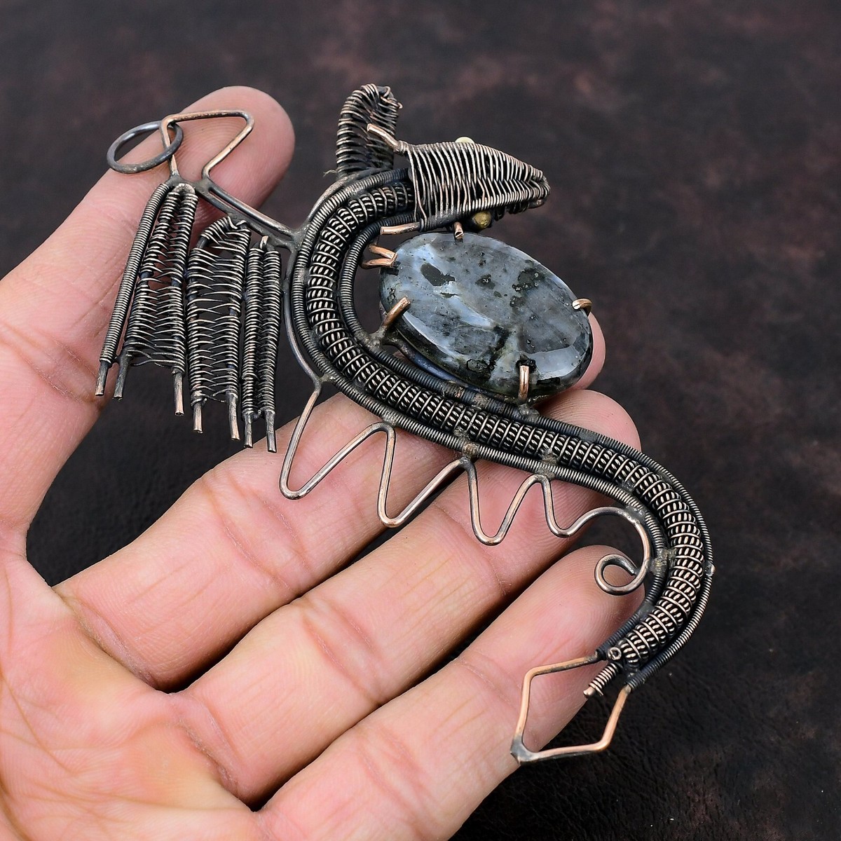 Larvikite Gemstone Jewelry Copper Wire Wrapped Dragon Pendant For