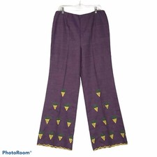 Homemade Vintage Purple Pants, Yellow Grapes Embroidery Scalloped Hem, 34 waist