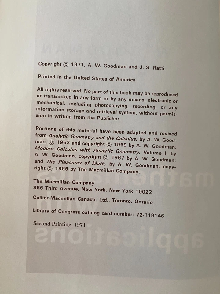 Vintage Book 1971 - Finite Mathematics with Applications A.W. Goodman J.S. Ratti - Image 4 of 4