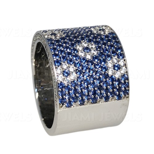 Chunky Wide Floral Iced Simulated Sapphire Moissanite Ring 14K White Gold Silver - Picture 7 of 10
