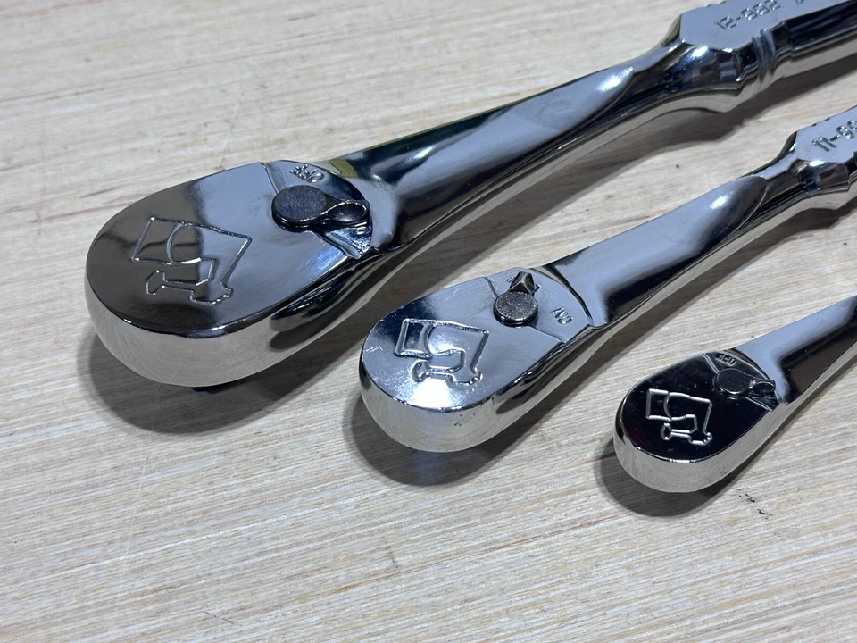 NOS Armstrong Tools USA 3pc Full Polish Chrome Ratchet Set, 1/4, 3/8, 1/2" Drive - Image 2 of 4