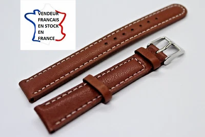 Bracelet montre ; 14mm ; CUIR VERITABLE ; MARRON surpiqué BLANC / 19-1 - Photo 1/4
