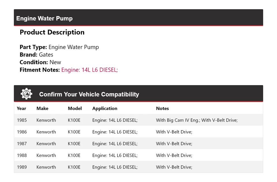 Puertas de bomba de agua motor diésel Kenworth K100E 14L L6 1985-1989 1986 1987 Foto 2 de 4