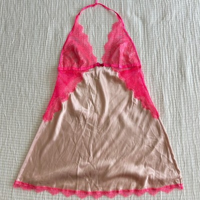 Victoria's Secret Lingerie Womens Medium Pink Lace Halter Satin Flirty M