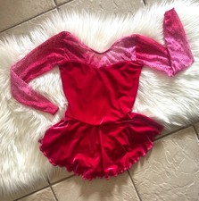 NEW Girls HOT PINK VELVET Sparkle MESH Competition FIGURE ICE SKATING Dress