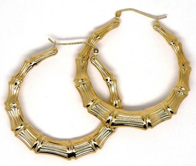 14k Yellow Gold Bamboo Textured 44mm Hoop Earrings