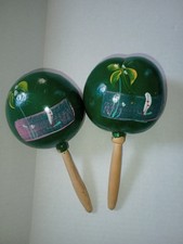 SUPERB PAIR OF 1960s ERA LATIN MARACAS; SOUVENIRS; WOOD HANDLE SHAKERS;