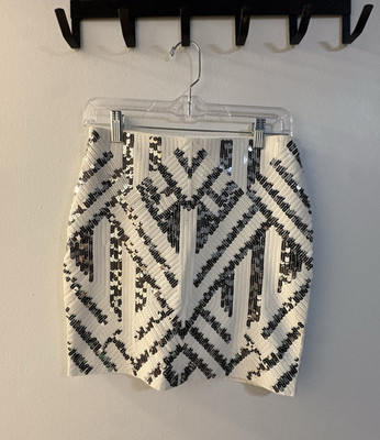 Express White/Black Sequin Geometric Mini Skirt Women's Size S Party Zip Lined
