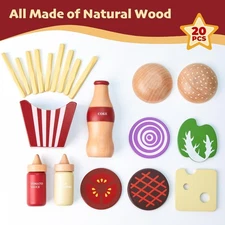 Wooden Play Food for Kids Pretend Hamburger Set Fast Food Toy Play Kitchen Ac...