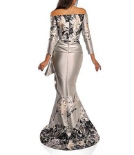 Terani Couture Off-Shoulder Long Sleeve Mermaid Maxi Dress 14 Silver Floral