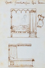 E. LEE (19.Jhd), Mittelalterliches Bett. Chartres, um 1869, Federzeichnung